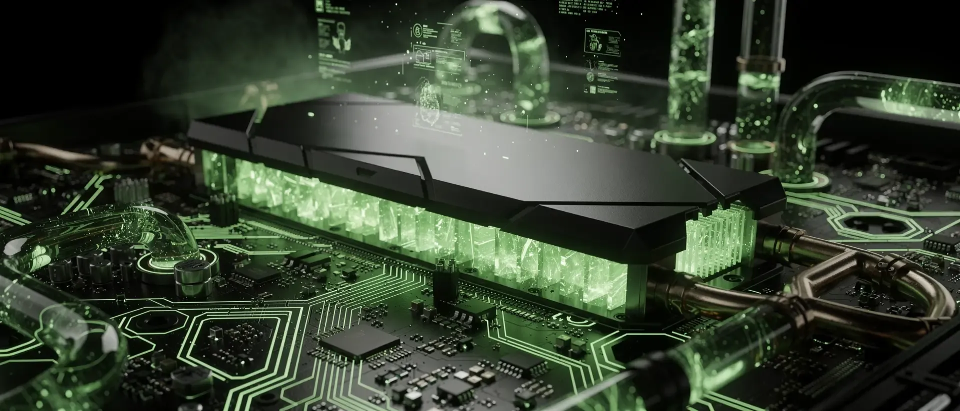 Makroaufnahme einer futuristischen M.2 NVMe SSD mit leuchtend grünen Schaltkreisen, schwarzem Kühlkörper und neongrüner Flüssigkeitskühlung im Cyberpunk-Stil.