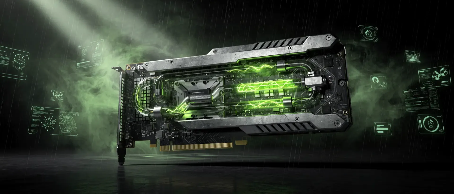 Hyperrealistische Cyberpunk-Grafikkarte mit leuchtend neongrünen Plasma-Adern und komplexen Schaltkreisen in einer dunklen, futuristischen Atmosphäre.