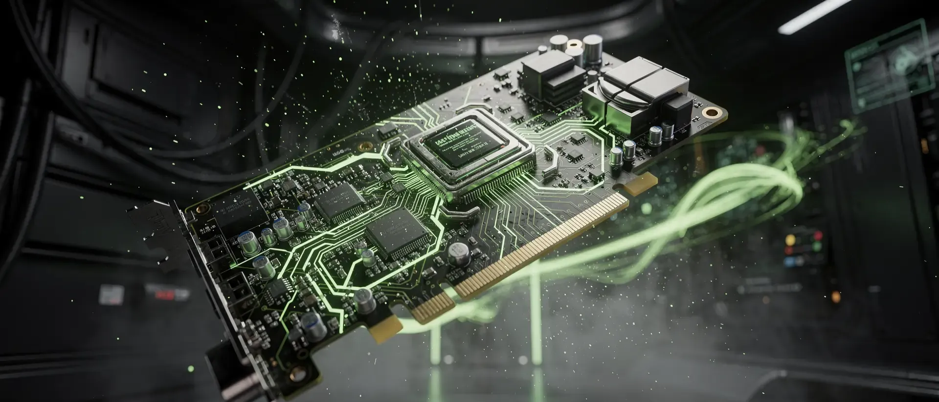Ein futuristisches Cyberpunk-Labor mit einer schwebenden GPU, durchzogen von pulsierenden neongrünen Energiekreisläufen in einer dunklen Sci-Fi-Atmosphäre.