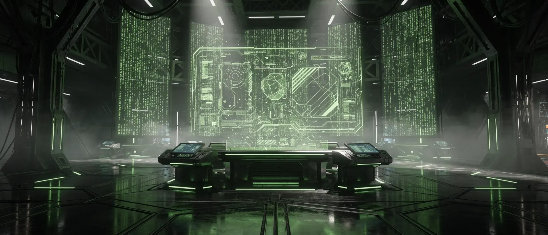 Futuristische Cyberpunk-Kommandozentrale mit holografischen Schaltkreismustern und leuchtend neongrünen Akzenten in einer dunklen Sci-Fi-Atmosphäre.