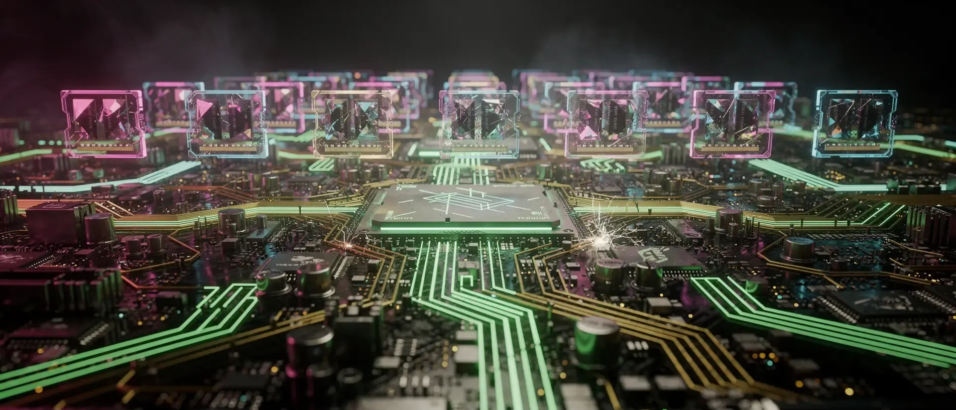 Makroaufnahme einer futuristischen Cyberpunk-Platine mit leuchtend grünen Energieimpulsen, goldenen Schaltkreisen und holografischen RAM-Modulen.