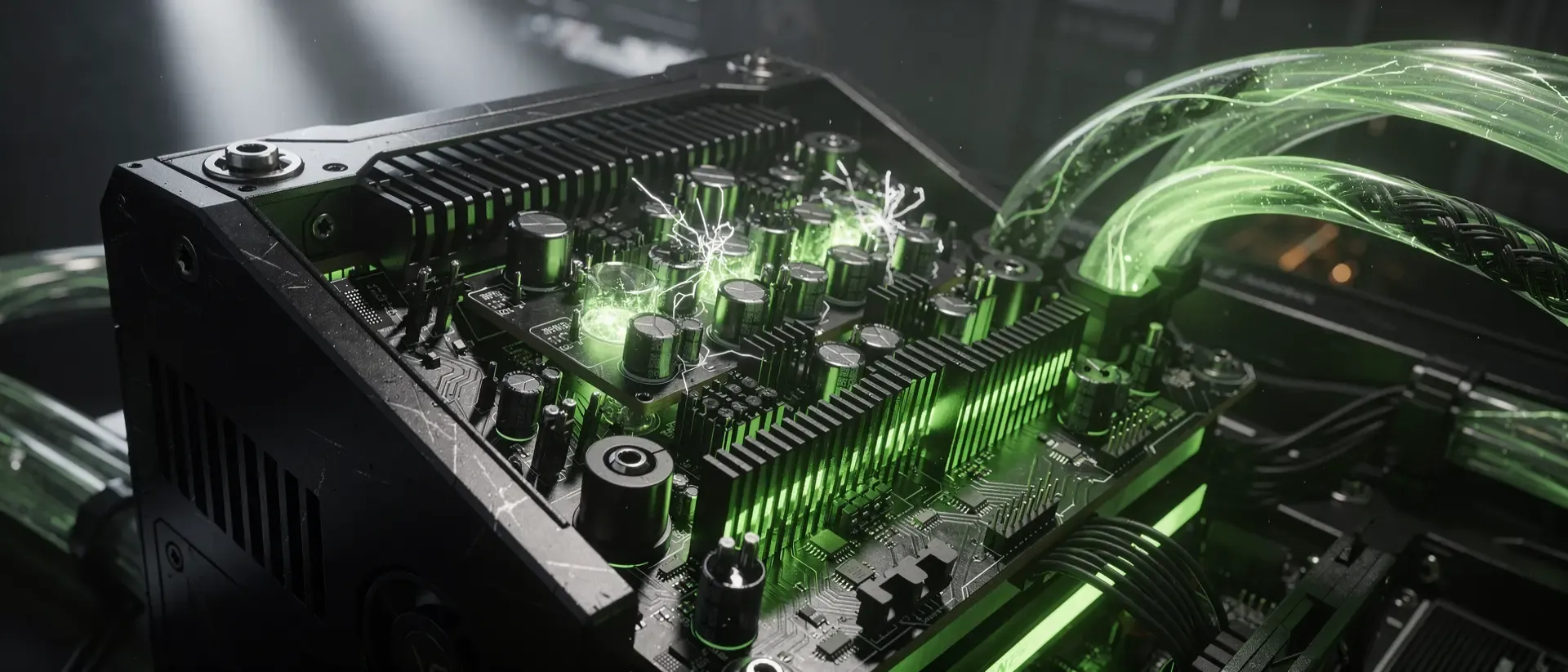 Nahaufnahme eines futuristischen Cyberpunk-Netzteils in einem schwarzen Gehäuse mit leuchtend neongrünen Schaltkreisen, Funken und Plasmaeffekten.