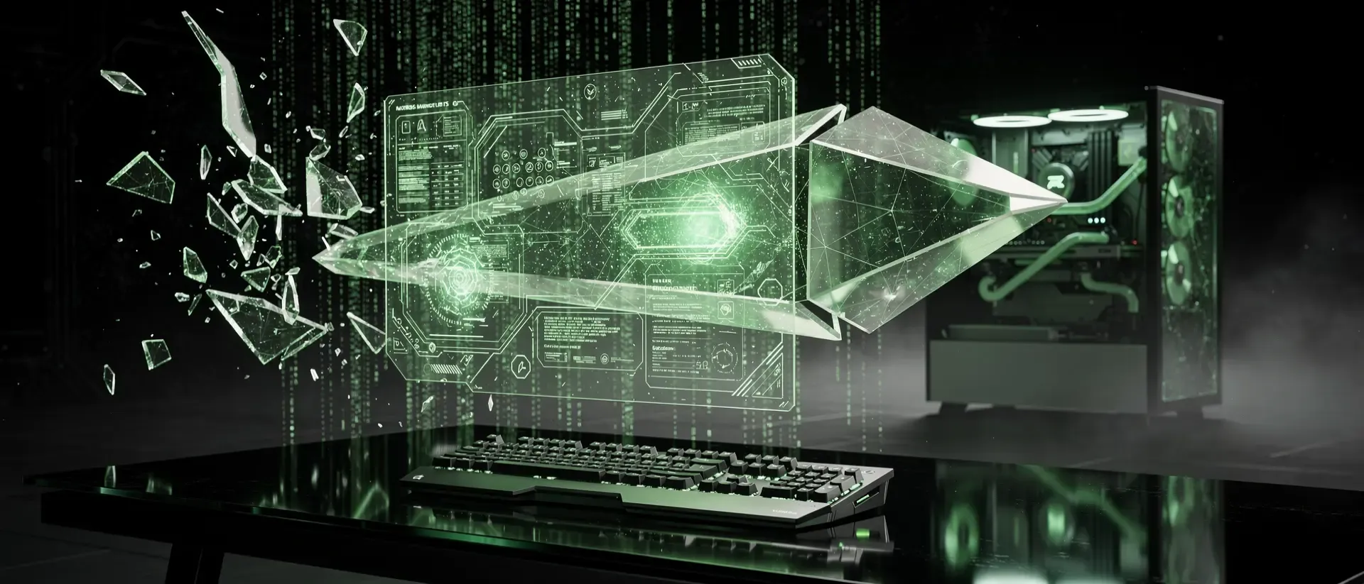 Futuristischer Cyberpunk-Arbeitsplatz mit einem holografischen Interface aus leuchtend grünen Datenfragmenten auf einem dunklen Schreibtisch.