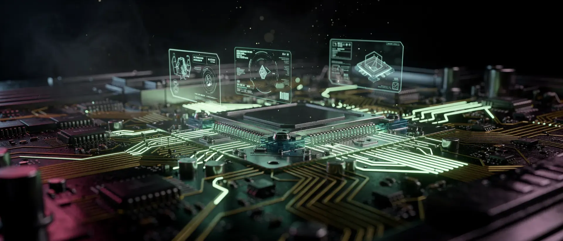 Makroaufnahme einer futuristischen Cyberpunk-Platine mit leuchtend neongrünen Stromimpulsen, schwebenden Hologrammen und dunkler Sci-Fi-Atmosphäre.
