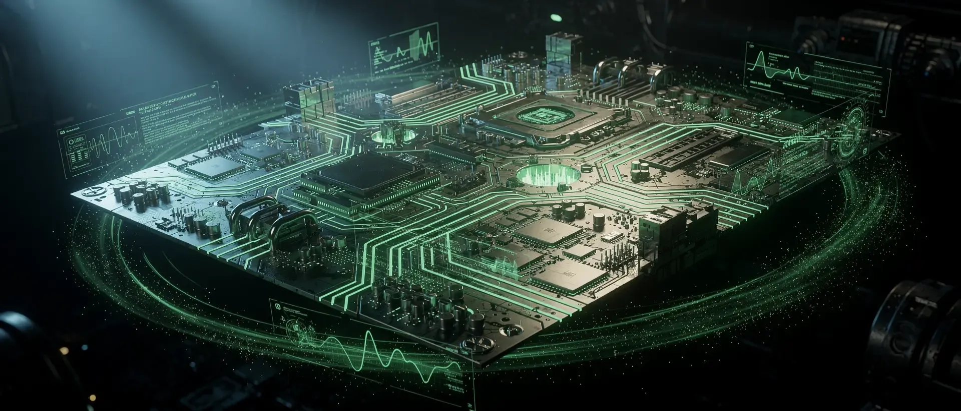 Eine hyperrealistische Cyberpunk-Computerplatine schwebt in einem dunklen Raum, umgeben von leuchtend neongrünen Schaltkreisen und Hologrammen.