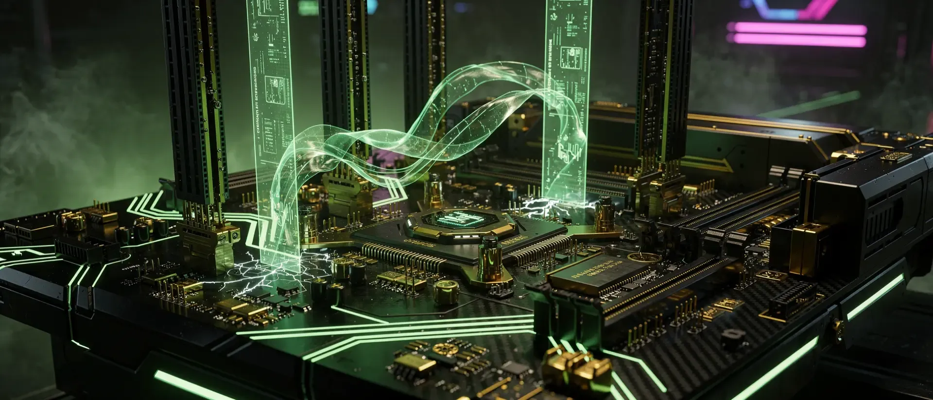 Nahaufnahme einer futuristischen Cyberpunk-Motherboard-Architektur mit pulsierenden neongrünen Schaltkreisen, Hologrammen und dunklen Kohlefaser-Details.