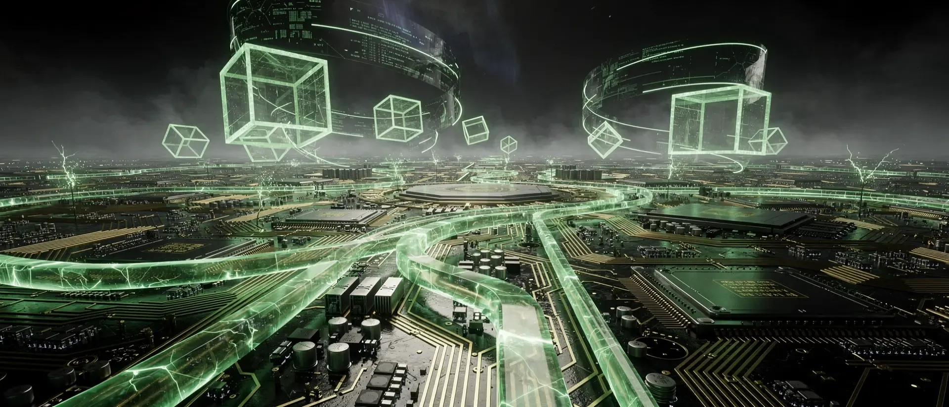 Futuristische Cyberpunk-Visualisierung einer Computer-Architektur mit leuchtenden neon-grünen Energiekreisläufen auf einer dunklen Leiterplatte.