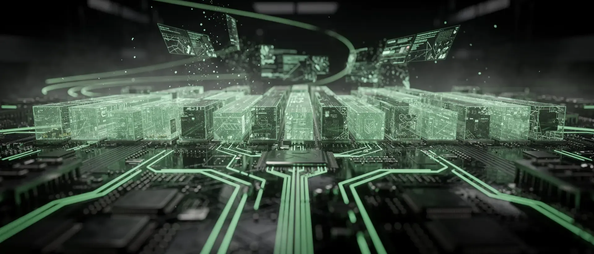 Cyberpunk-Labor mit leuchtenden, neongrünen Computerkomponenten und fließenden Energieströmen auf einem tiefschwarzen Hintergrund.