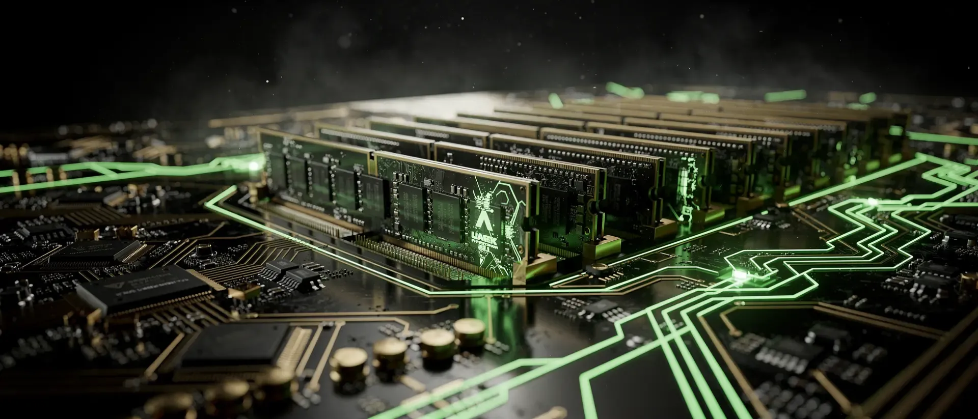 Futuristische Cyberpunk-Computerhardware mit leuchtenden neongrünen Datenströmen auf einer dunklen, detailreichen Platine in Makroaufnahme.
