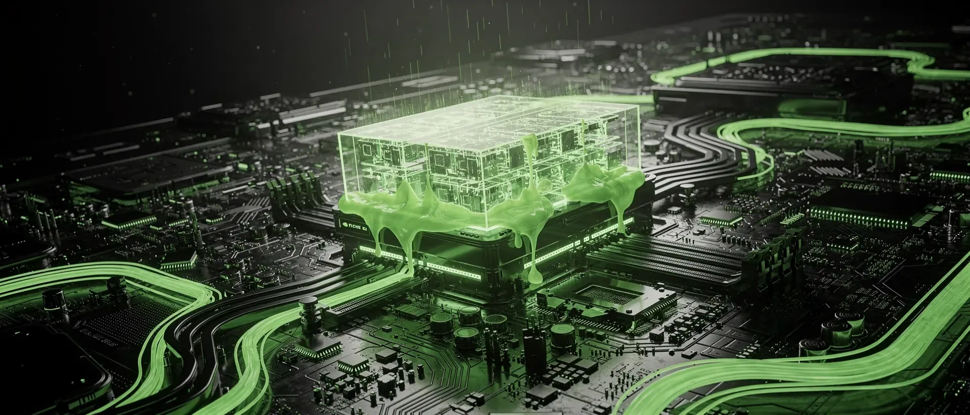 Futuristische Cyberpunk-Visualisierung eines Motherboards mit einem holografischen RAM-Modul, das leuchtend grüne Energie in eine dunkle Abgrund ausstrahlt.