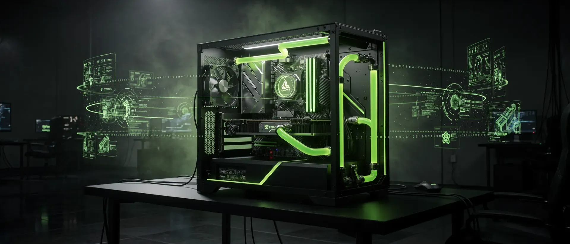 Ein futuristischer Cyberpunk-PC mit leuchtend neongrüner Flüssigkühlung und holografischen Datenströmen in einer dunklen, cineastischen Atmosphäre.
