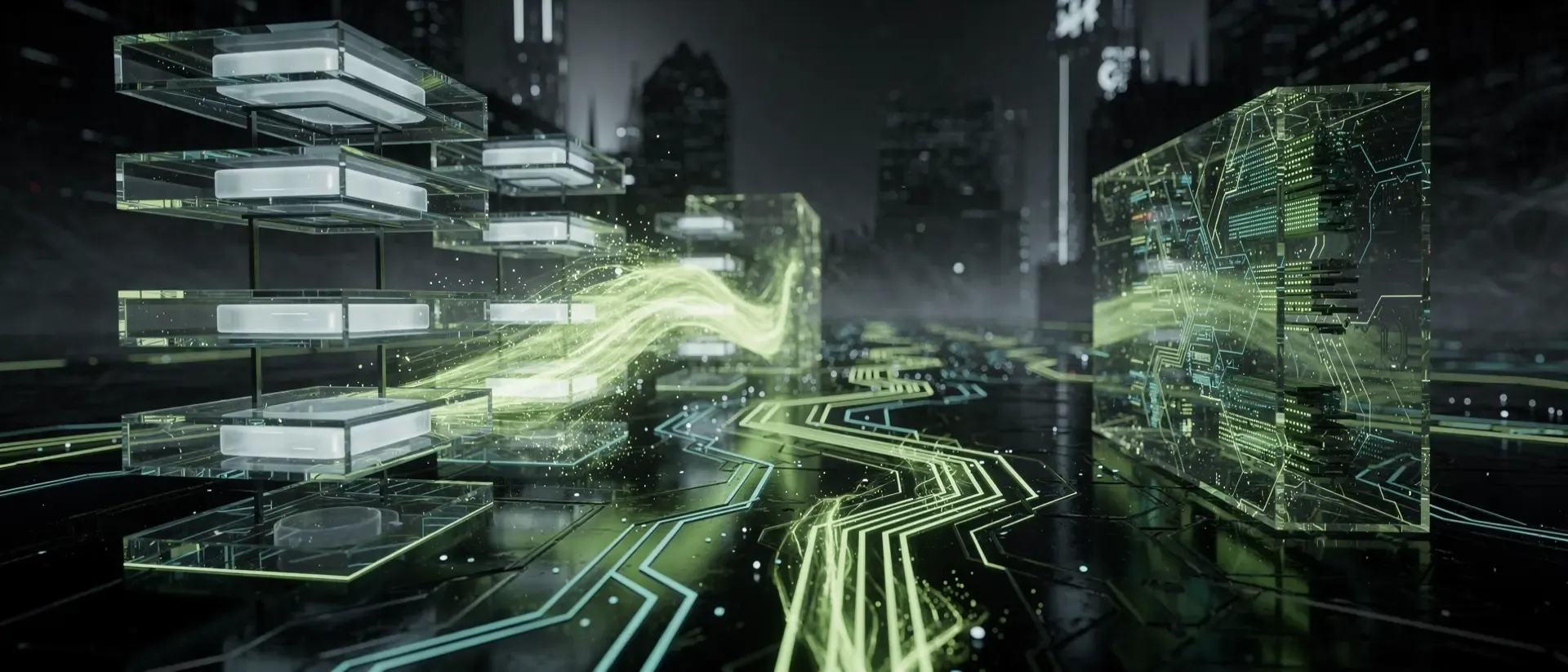 Futuristische Cyberpunk-Visualisierung von Datenströmen aus leuchtend neongrünem Licht zwischen schwebenden digitalen Speichermodulen in einer Dunkelheit.