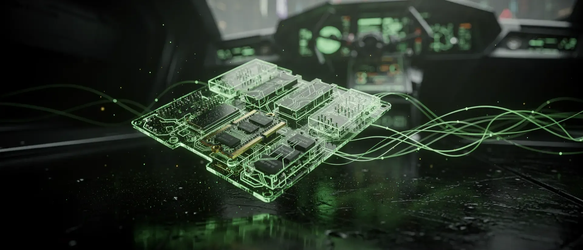 Futuristische Computer-Workstation im Cyberpunk-Stil mit einer leuchtend neongrünen, holografischen Platine in einer dunklen, technologischen Umgebung.