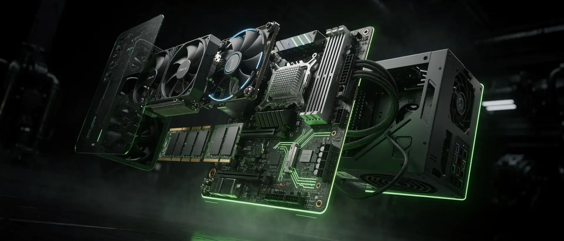 Explodierte Ansicht eines futuristischen Gaming-PCs mit leuchtend neongrünen Komponenten, die in einem dunklen Cyberpunk-Labor schweben.