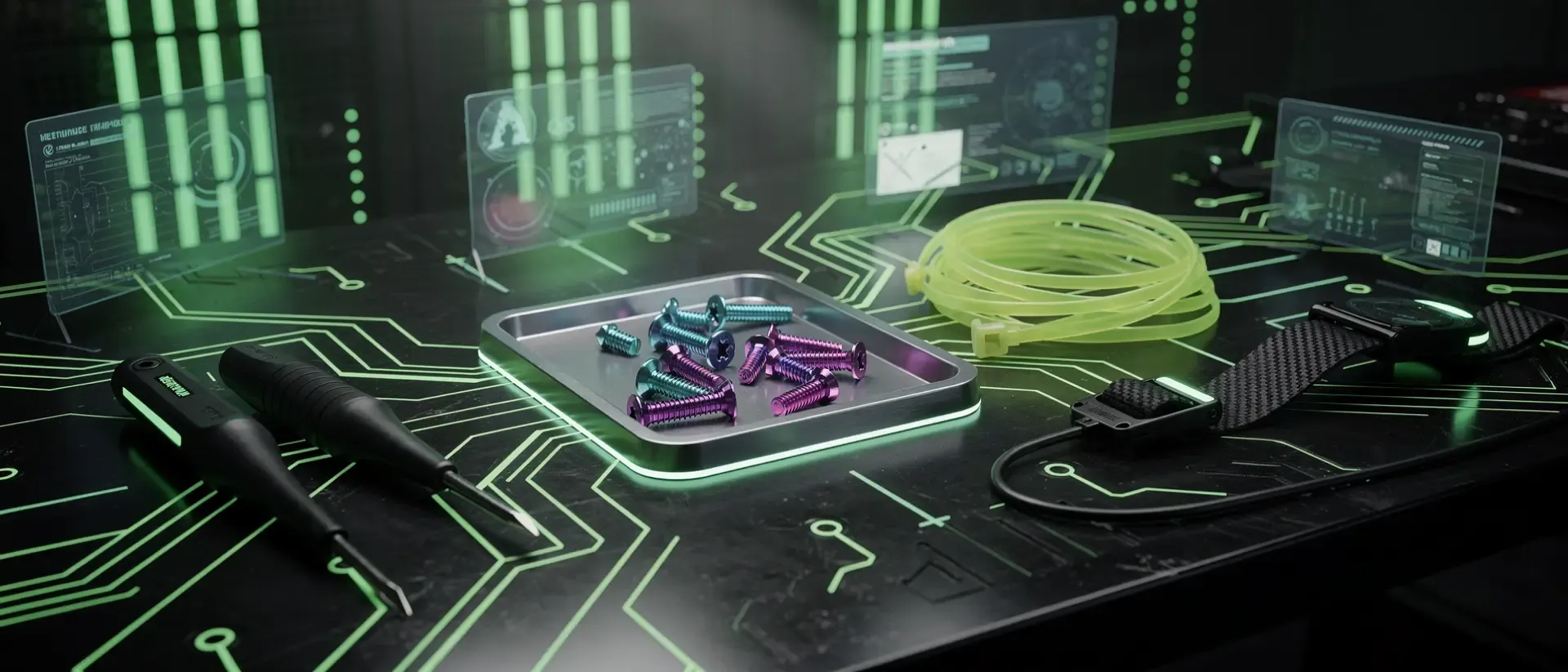 Futuristische Cyberpunk-Werkbank mit neon-grünen Schaltmustern, Präzisionswerkzeugen und technischem Zubehör in düsterer, cineastischer Atmosphäre.