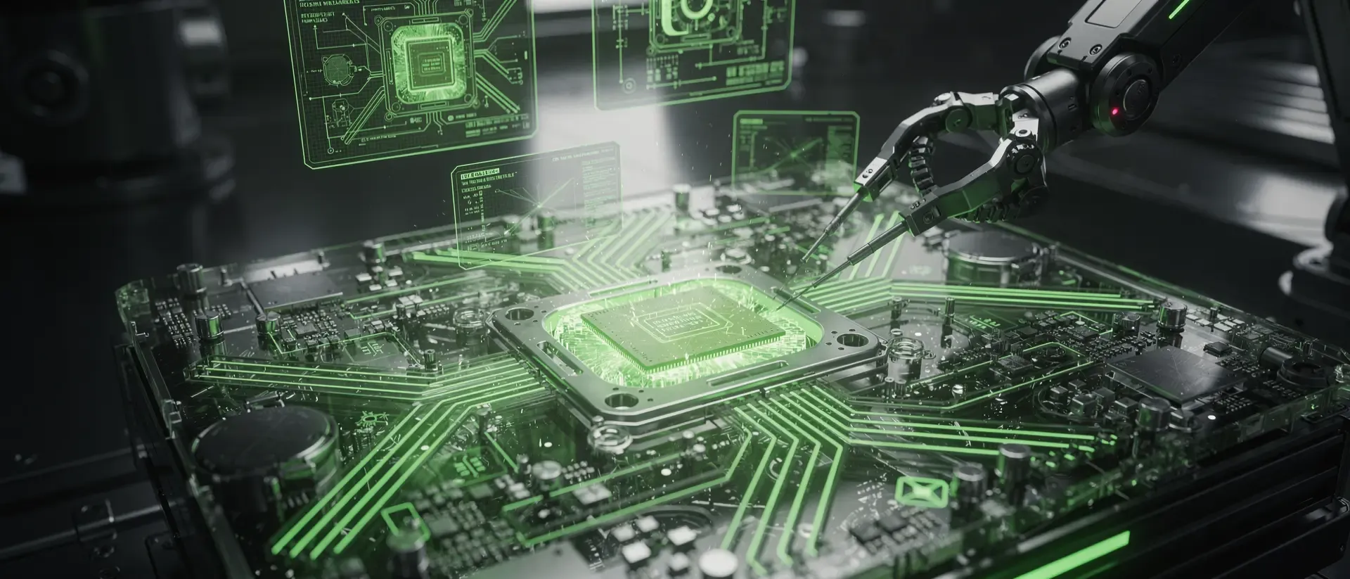 Nahaufnahme eines Roboterarms, der einen leuchtenden CPU-Chip in ein futuristisches, neon-grün pulsierendes Motherboard in einer Cyberpunk-Werkstatt setzt.