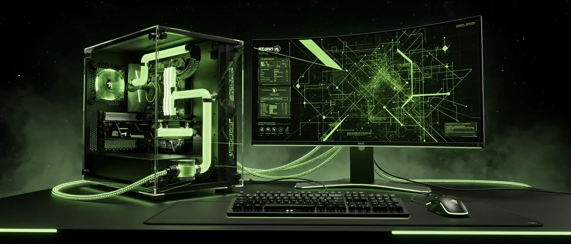 Futuristischer Cyberpunk-Arbeitsplatz mit grün leuchtender Wasserkühlung, Ultrawide-Monitor und mechanischer Tastatur in einer dunklen Sci-Fi-Umgebung.