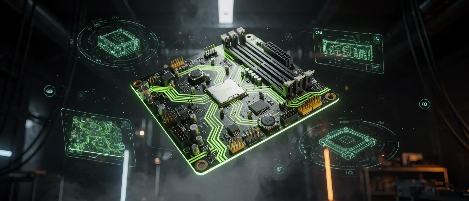 Ein hyperrealistisches, futuristisches Cyberpunk-Computer-Workshop mit einer schwebenden, neongrün leuchtenden Motherboard-Komponente vor dunklem Hintergrund.