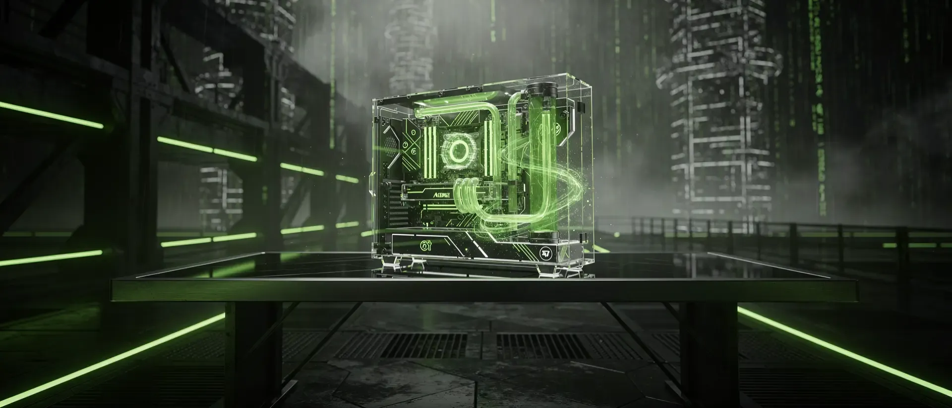 Futuristischer Cyberpunk-Gaming-PC mit leuchtend grüner Flüssigkeitskühlung und Neon-Effekten in einer dunklen, industriellen Umgebung.