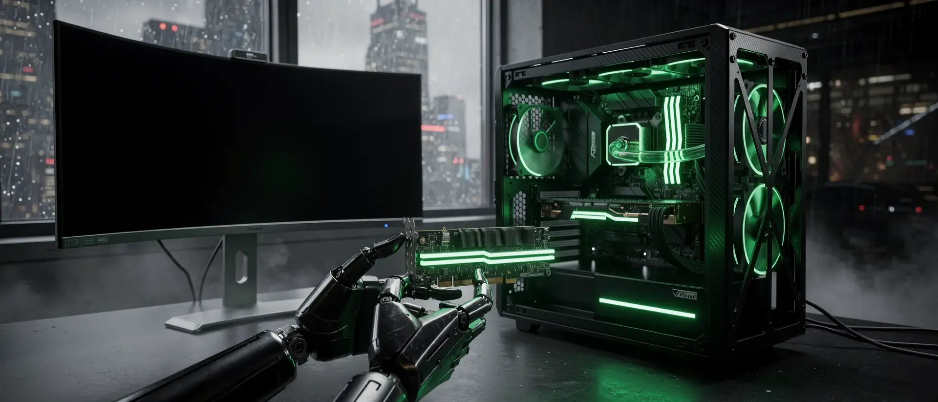 Cyberpunk-Arbeitsplatz mit einem leuchtend neon-grünen PC, an dem kybernetische Hände eine leuchtende Grafikkarte aus einem offenen Gehäuse ziehen.