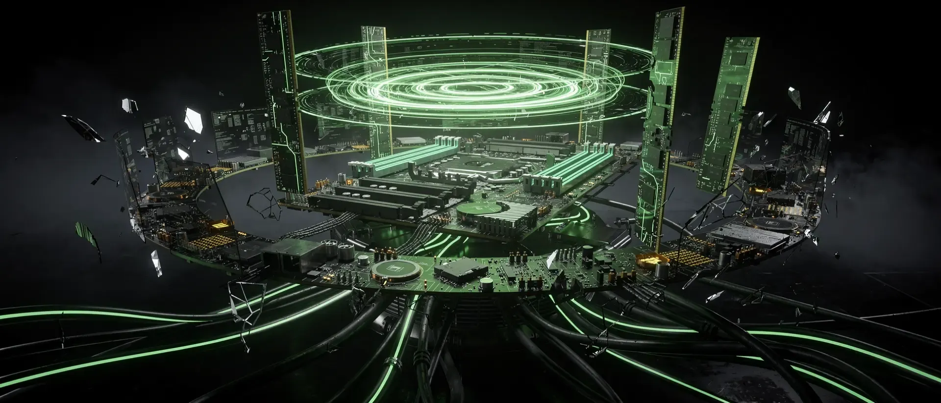 Futuristische Cyberpunk-Hardware in einer digitalen Leere mit pulsierenden neongrünen Energie-Rippeln, schwebenden Schaltkreisteilen und Nebel.