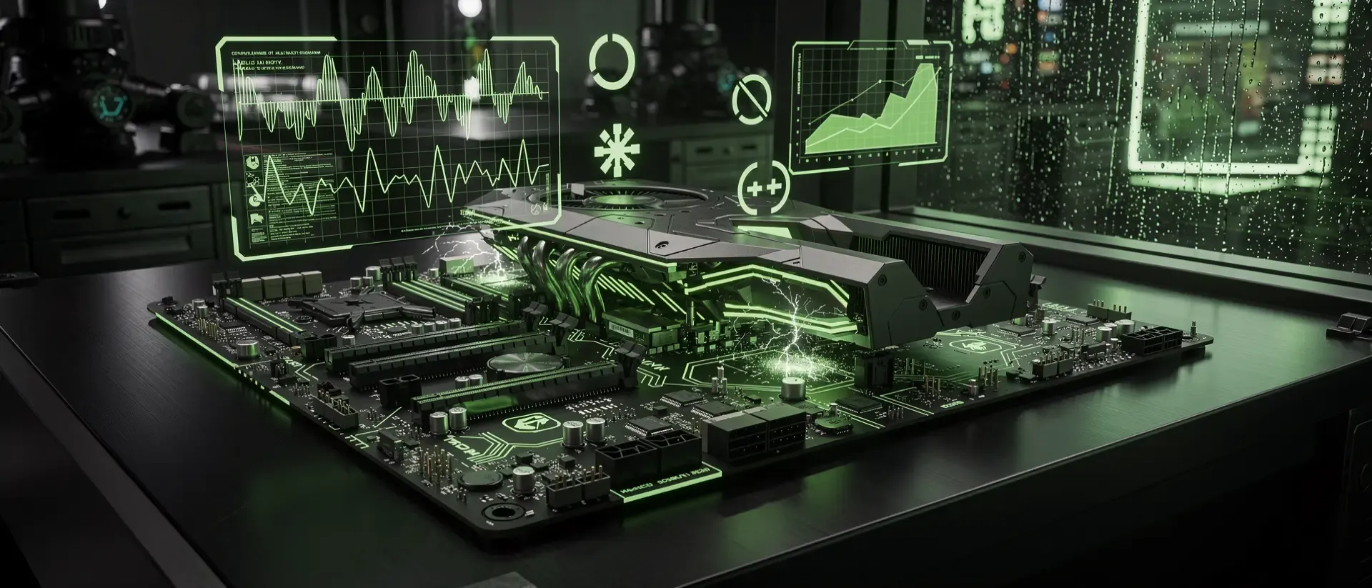 Hyperrealistisches Cyberpunk-Hardwarelabor mit einer zerlegten futuristischen PC-Platine und leuchtend grüner Elektronik auf einer dunklen Werkbank.