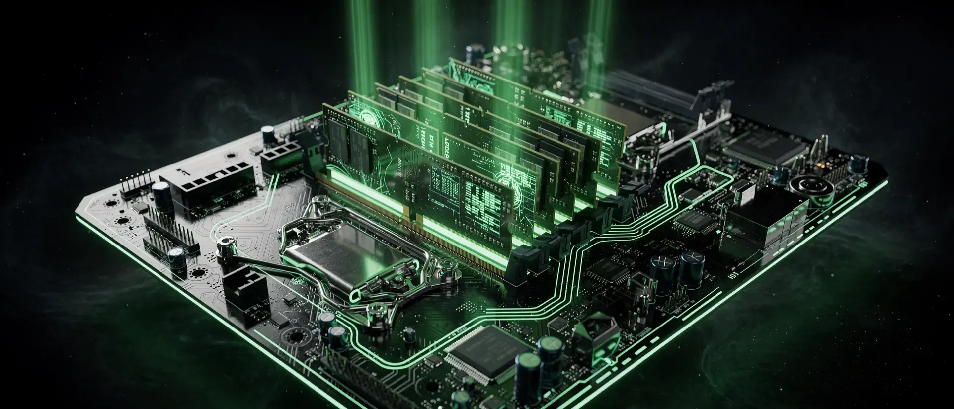 Extremer Nahaufnahme eines futuristischen RAM-Moduls auf einem Cyberpunk-Mainboard mit leuchtend neongrünen Schaltkreisen und holografischen Kühlrohren.