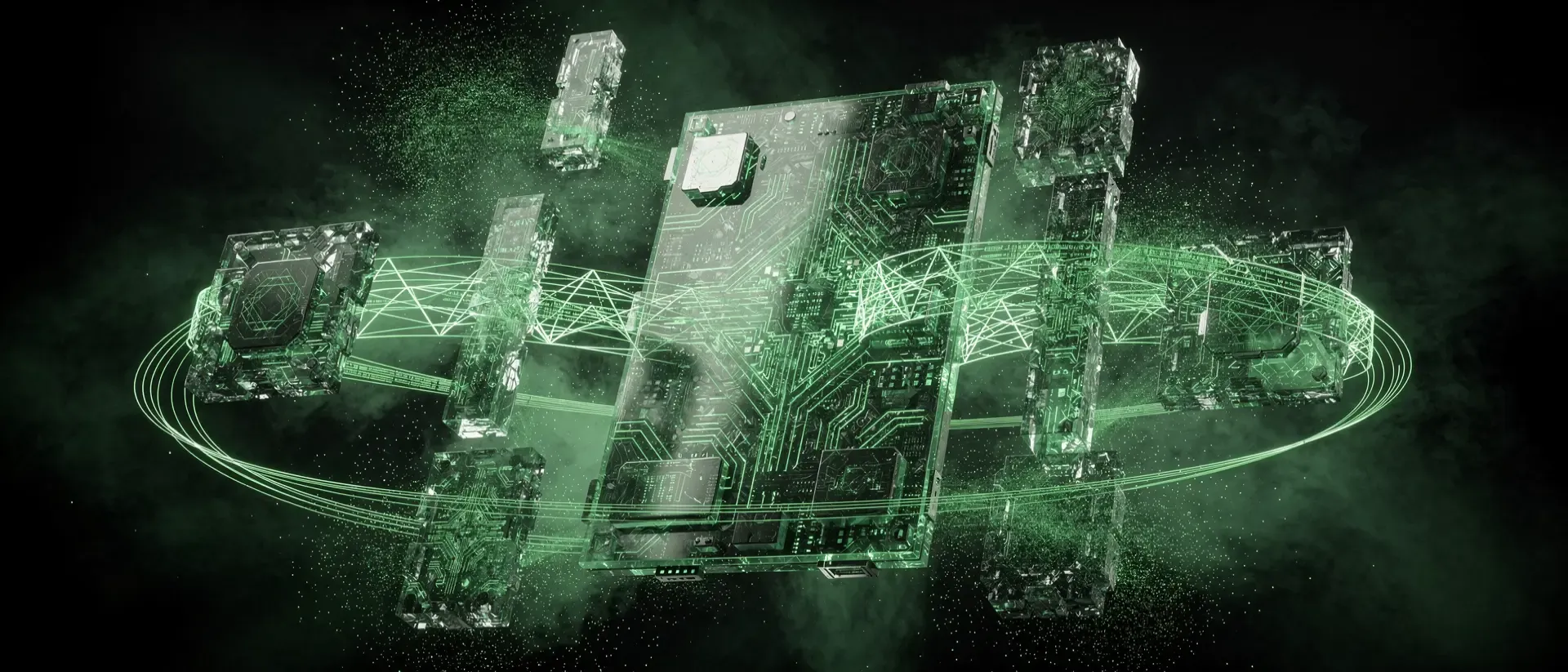 Futuristische Computerplatine mit leuchtend neongrünen Schaltkreisen und holografischen Modulen vor dunklem Hintergrund im Cyberpunk-Stil.