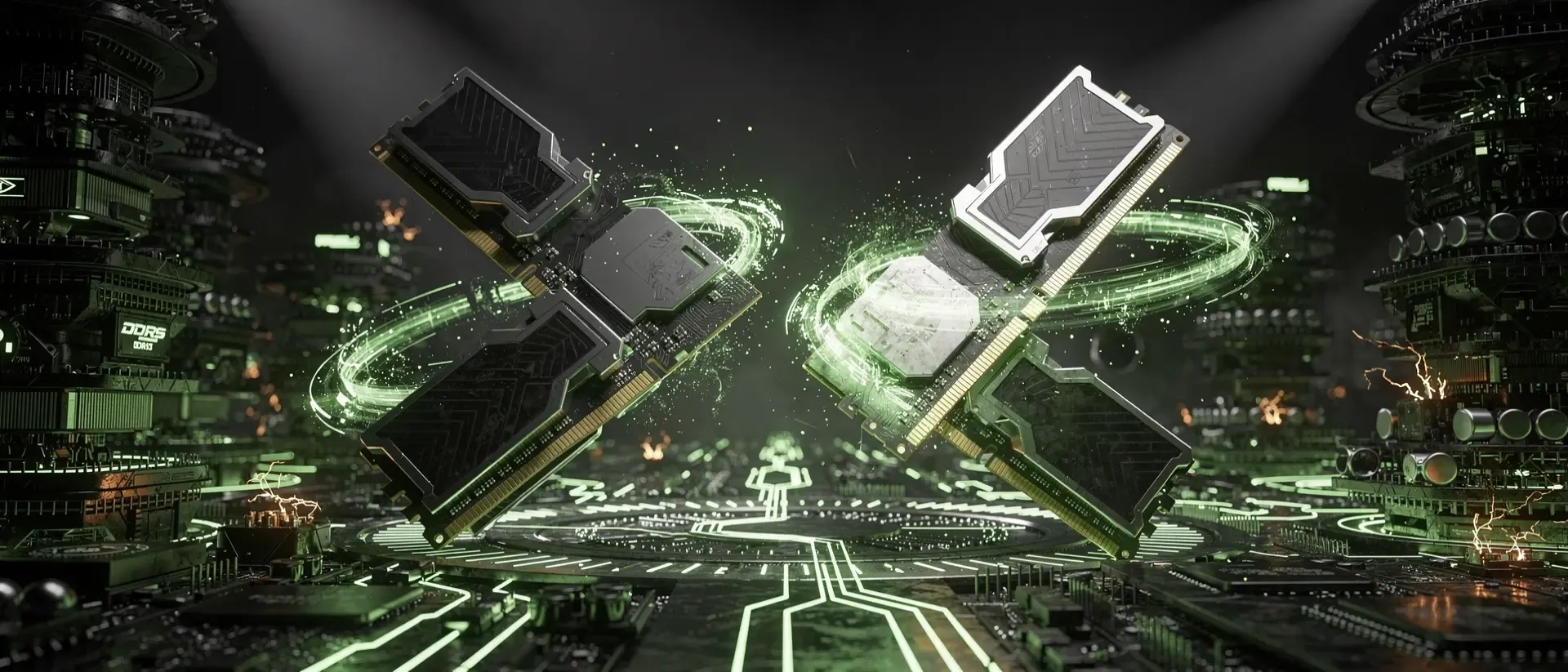 Zwei schwebende DDR5-RAM-Module mit leuchtend neongrünen Schaltkreisen vor einem dunklen, holografischen Motherboard in einem futuristischen Cyberpunk-Labor.
