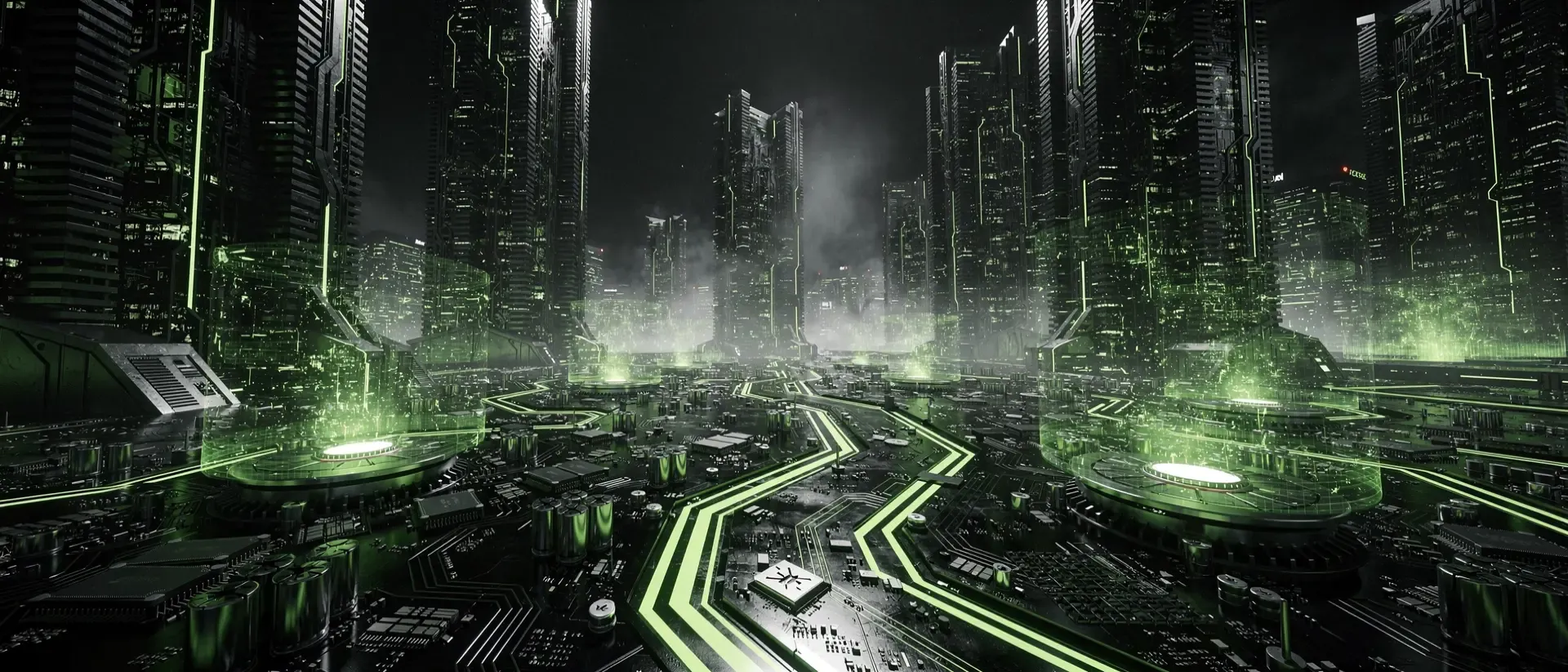 Ein hyperrealistisches Cyberpunk-Motherboard-Panorama mit leuchtend neongrünen Schaltkreisen und RAM-Modulen als futuristischen Wolkenkratzern.