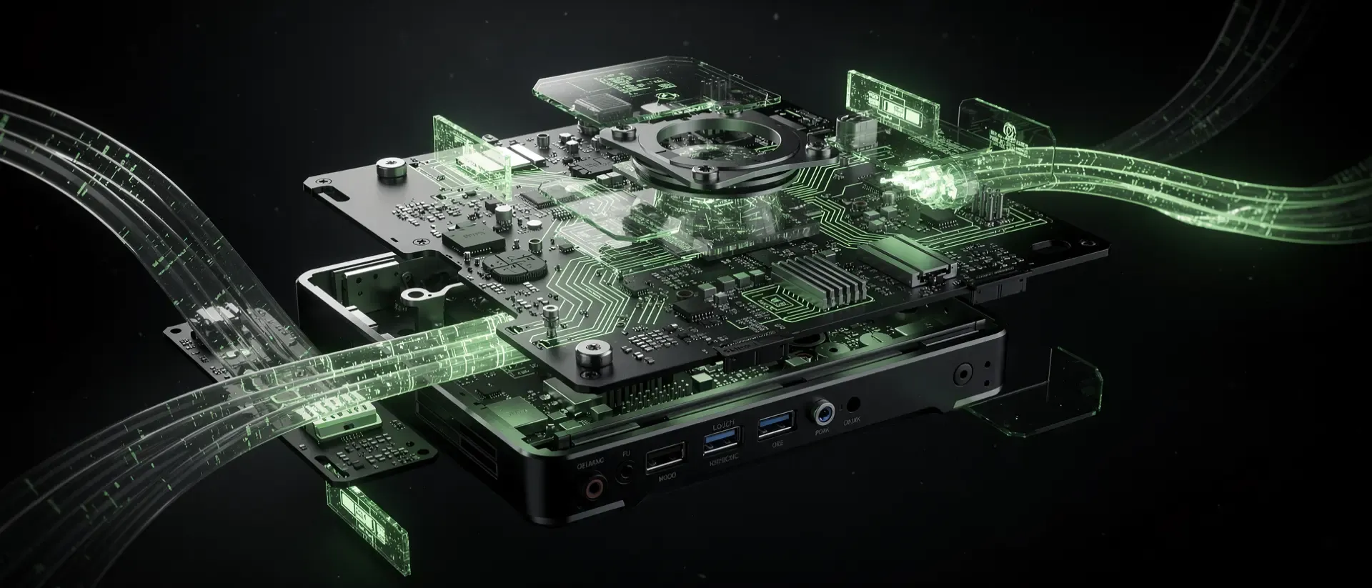 Eine zerlegte High-Tech-Spielekonsole schwebt in einem futuristischen Cyberpunk-Labor mit leuchtend grünen Schaltkreisen vor schwarzem Hintergrund.