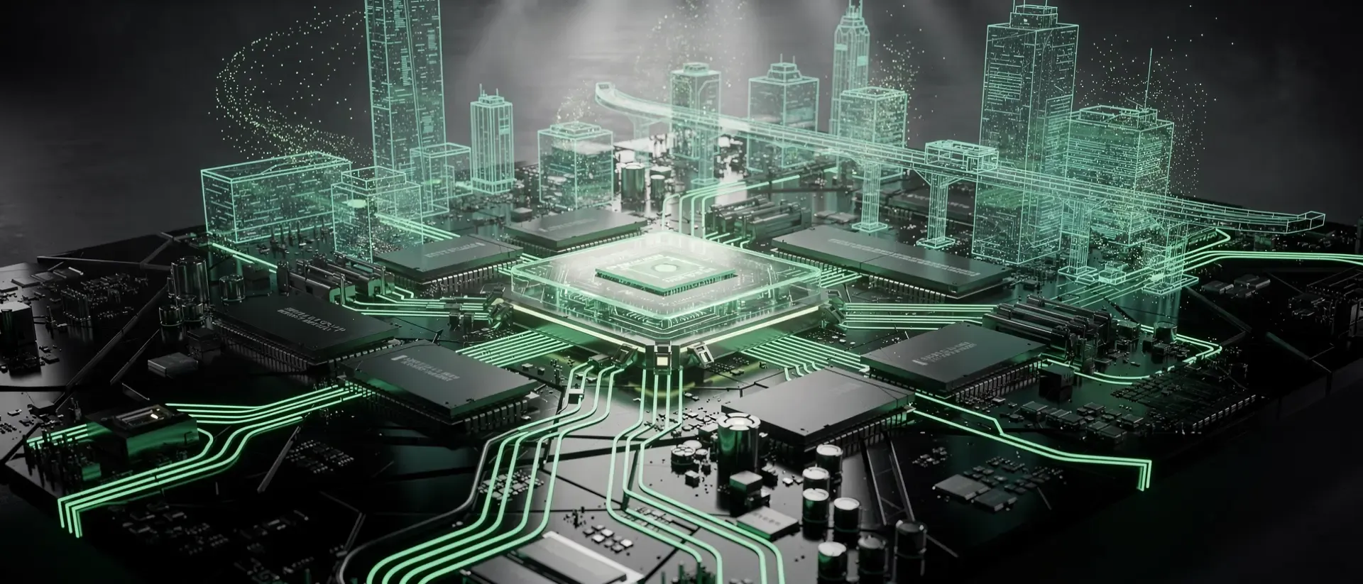 Futuristische Cyberpunk-Hardware mit leuchtend grünen Schaltkreisen, einem transparenten Prozessor und holografischen Stadtstrukturen auf schwarzem Board.