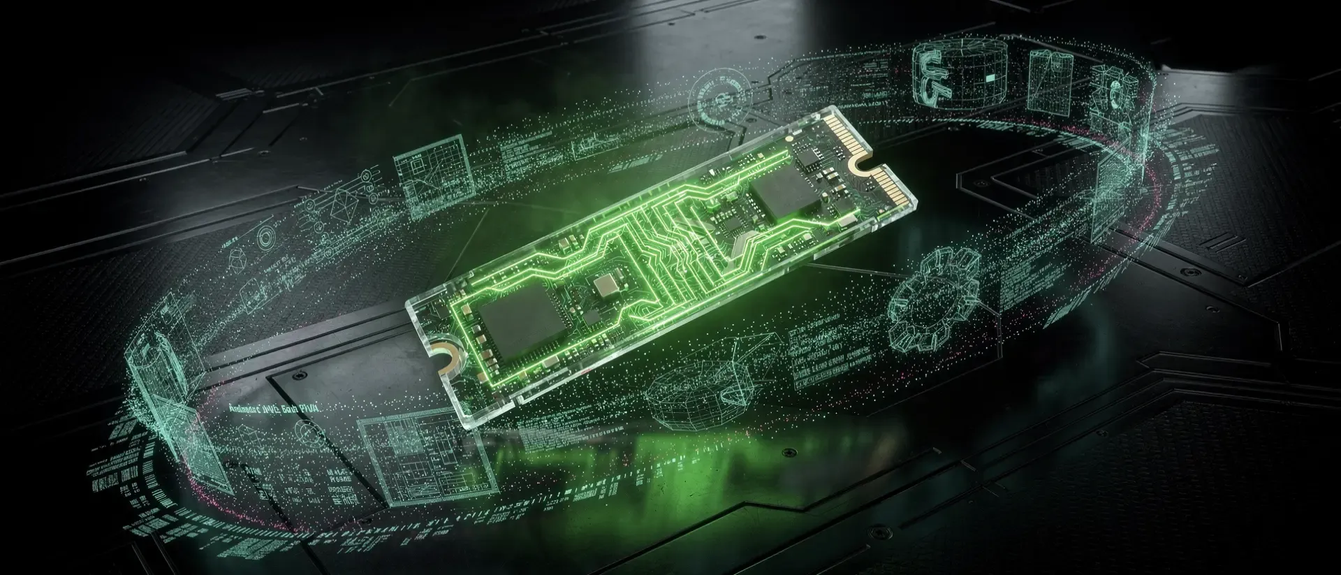 Eine futuristische, transparente NVMe-SSD mit leuchtend neongrünen Schaltkreisen schwebt inmitten holografischer Datenströme in einem dunklen Cyberpunk-Labor.