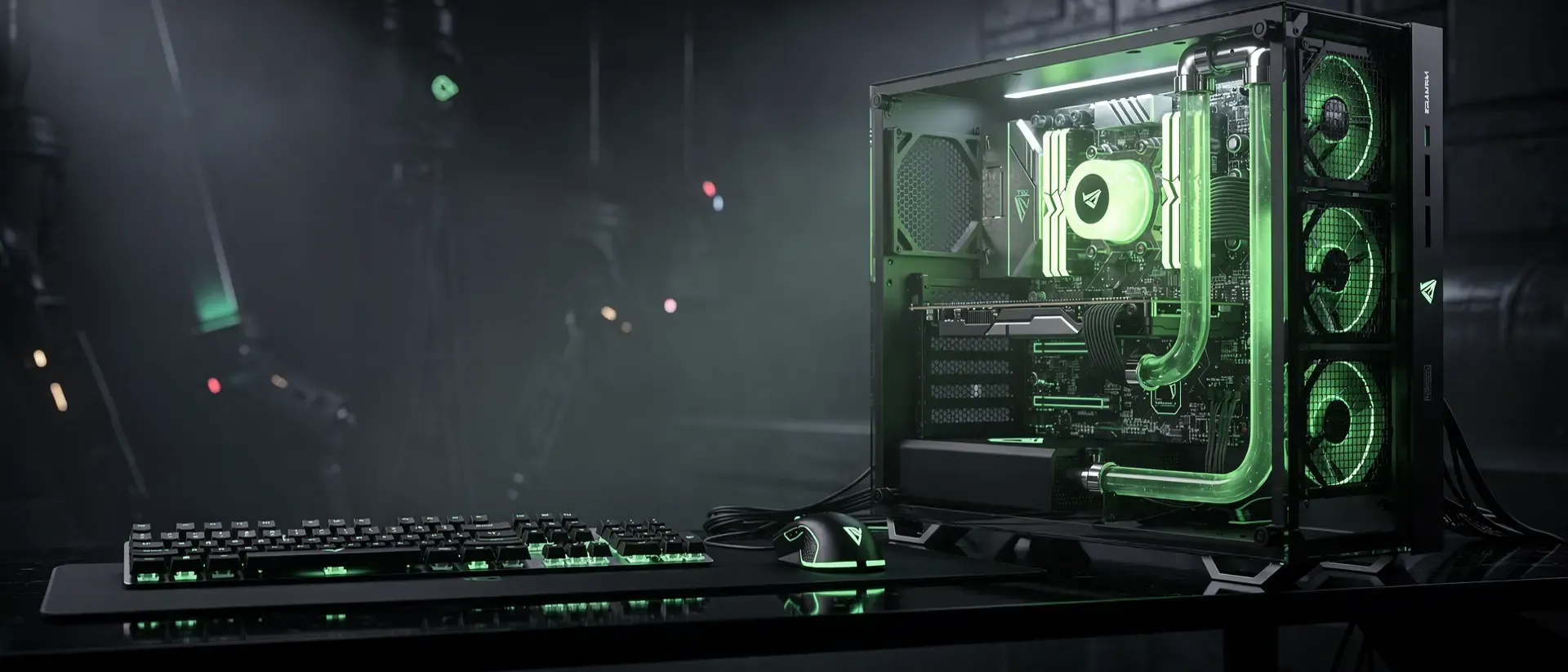 Futuristisches Cyberpunk-Gaming-Setup mit einem wassergekühlten PC und leuchtend neongrüner Hardware auf einem dunklen, reflektierenden Schreibtisch.