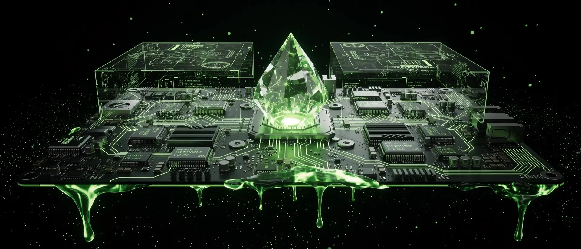 Futuristische Cyberpunk-GPU mit leuchtenden neongrünen Energieströmen und einem überlaufenden Kristall-Speichermodul in dunkler, technischer Ästhetik.