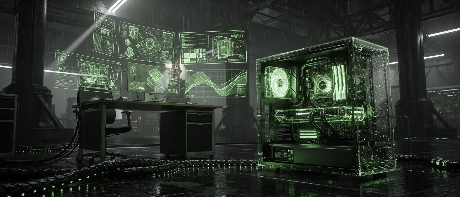 Futuristische Cyberpunk-Computerstation in einem dunklen Raum mit leuchtend neongrünen Hologrammen, Datenvisualisierungen und glühender Hardware.