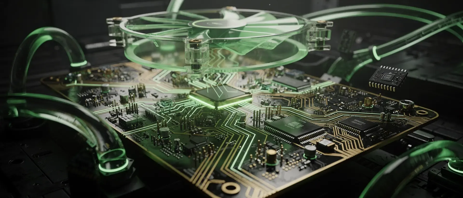 Nahaufnahme einer futuristischen GPU-Platine im Cyberpunk-Stil mit leuchtend neongrünen Energiepulsen, goldenen Leiterbahnen und holografischen Lüftern.