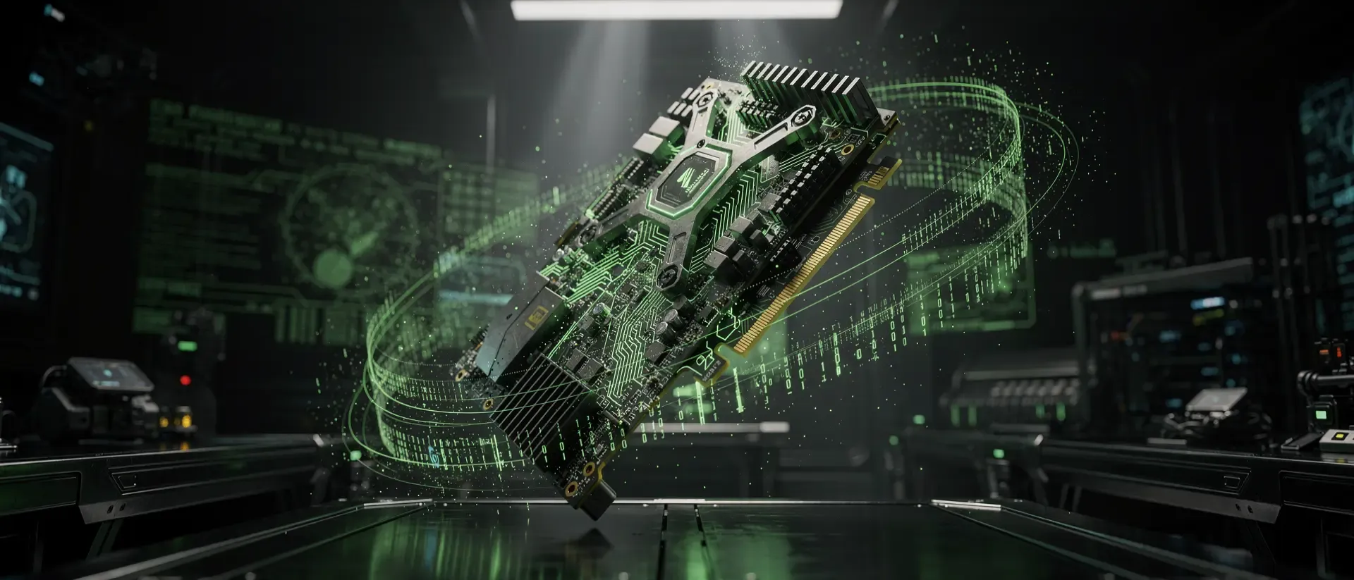 Eine hyperdetaillierte, futuristische GPU schwebt in einem Cyberpunk-Labor inmitten von neon-grünen Energiepulsen und holografischen Datenströmen.