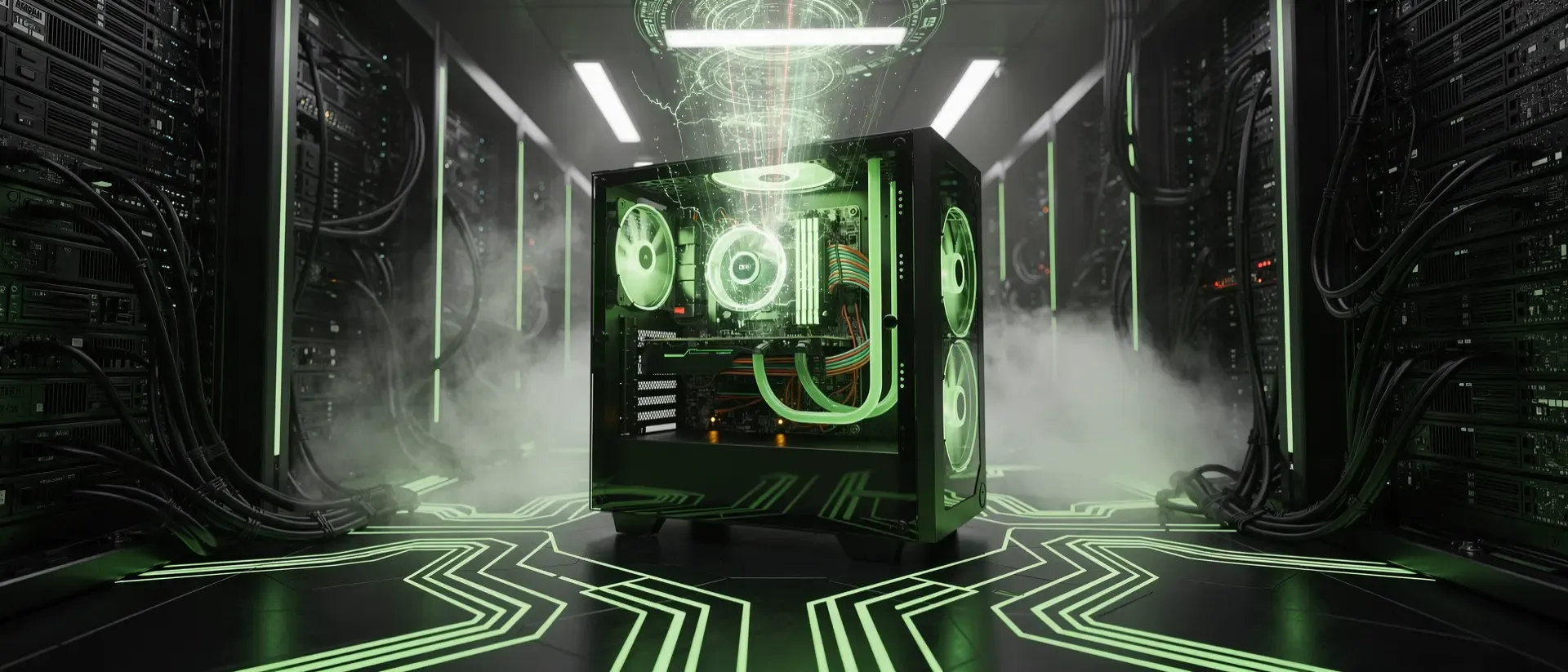 Futuristischer Cyberpunk-Serverraum mit einem High-Tech-Gaming-PC, neon-grünen Leuchteffekten und glühenden Kühlmittelleitungen in dunkler Atmosphäre.