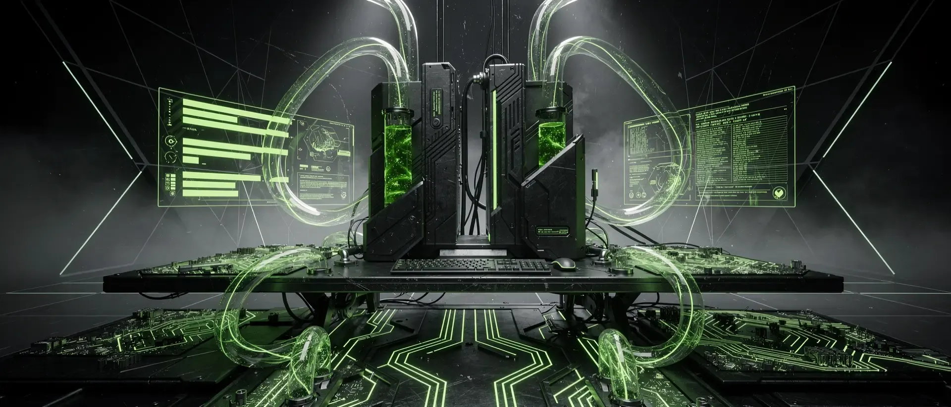 Futuristischer Cyberpunk-Arbeitsplatz mit leuchtend neongrünen Kühlmittelleitungen, Hologrammen und komplexer Hardware in einer dunklen Umgebung.