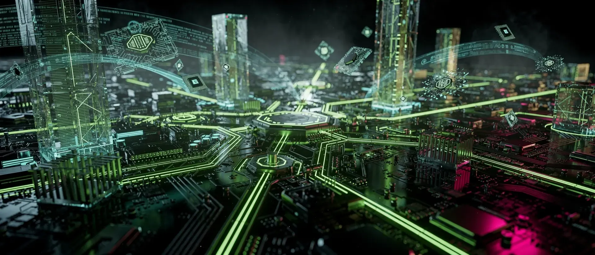 Eine futuristische Cyberpunk-Motherboard-Landschaft mit leuchtenden neongrünen Schaltkreisen und holografischen Datenströmen auf schwarzem Grund.