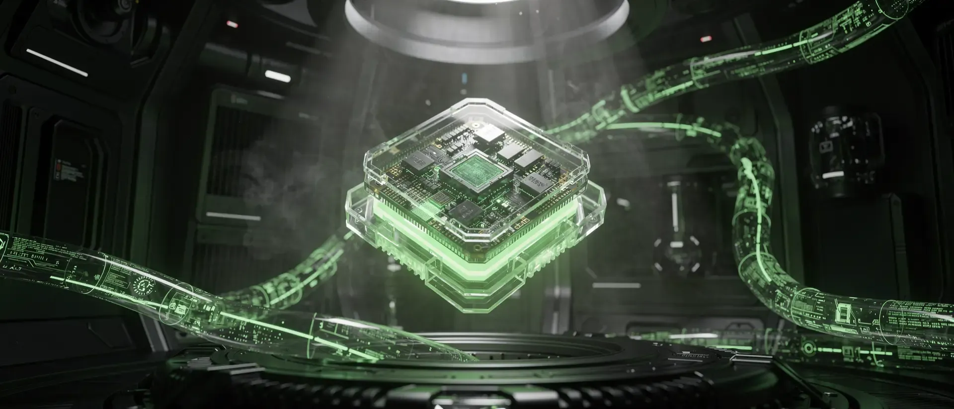 Ein futuristischer Quantenprozessor schwebt in einer Vakuumkammer, durchzogen von leuchtend neongrünen Plasma-Datenströmen in einem dunklen Cyberpunk-Labor.
