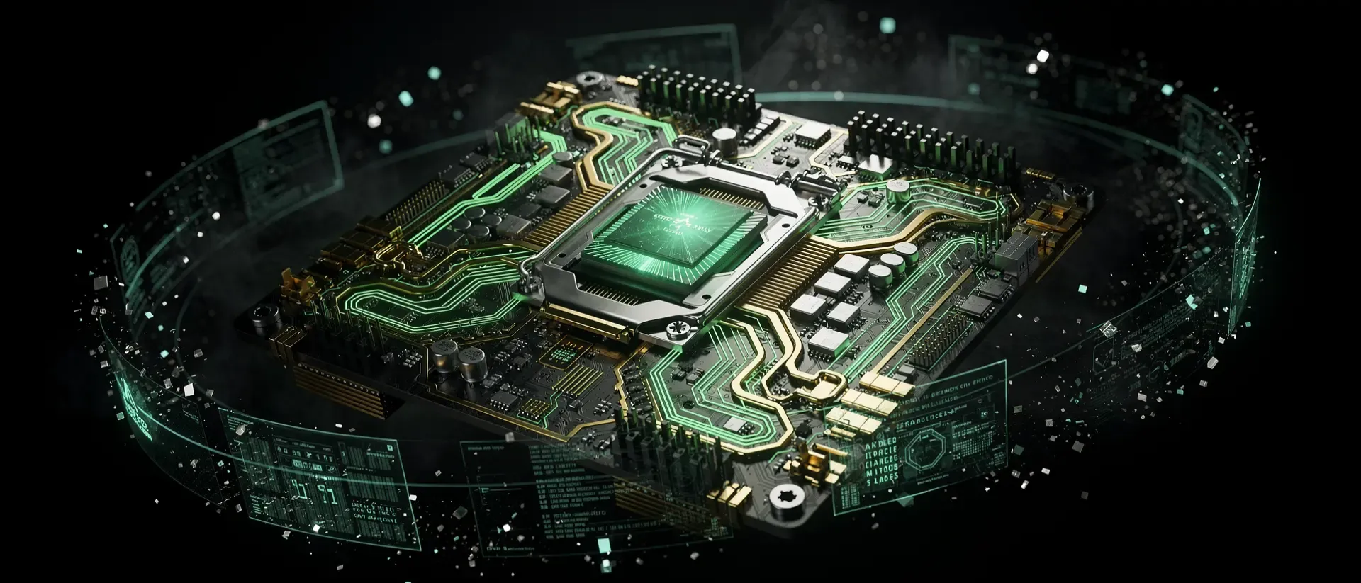 Ein futuristisches Motherboard mit leuchtend neongrünen Schaltkreisen und digitalen Datenströmen schwebt in einer dunklen Cyberpunk-Atmosphäre.