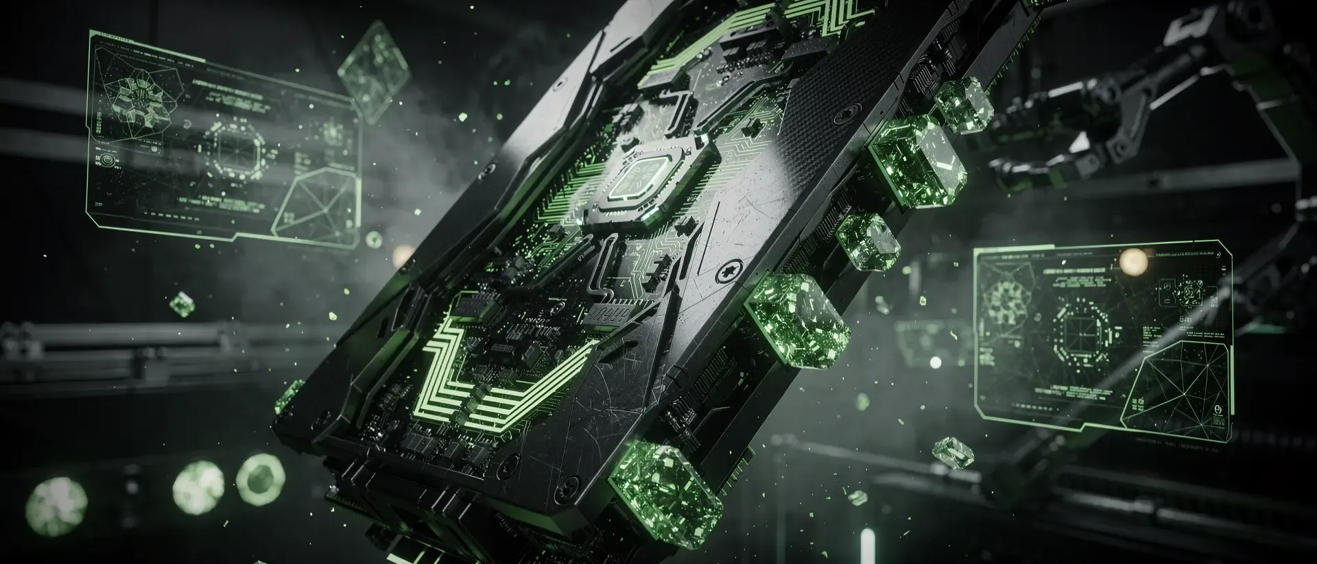 Futuristische GPU-Architektur mit leuchtend neongrünen Schaltkreisen und kristallinen Speichermodulen in einem dunklen Cyberpunk-Labor.
