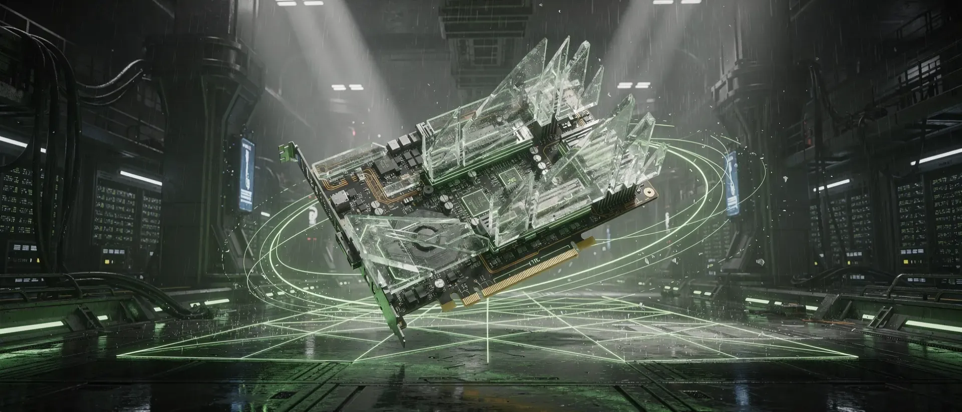Futuristische GPU-Architektur mit glühenden neongrünen Schaltkreisen und holografischen Energielinien in einem dunklen Cyberpunk-Labor.