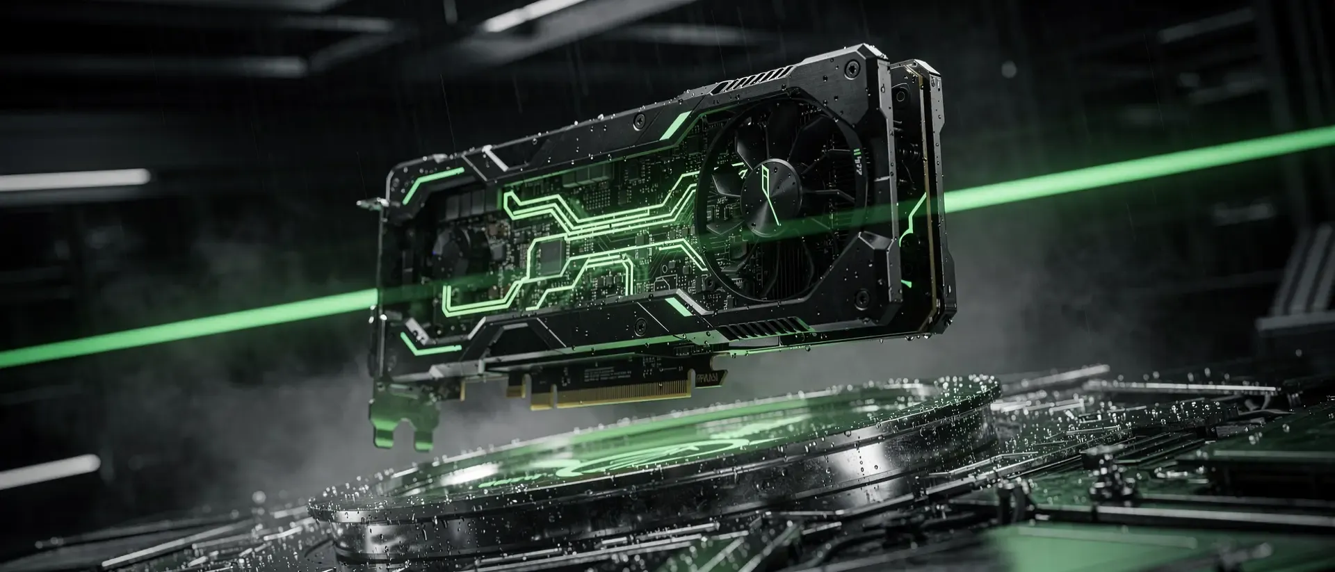 Eine futuristische Grafikkarte schwebt in einem magnetischen Feld in einem dunklen Cyberpunk-Labor, beleuchtet von neongrünen Schaltkreisen und Lasern.