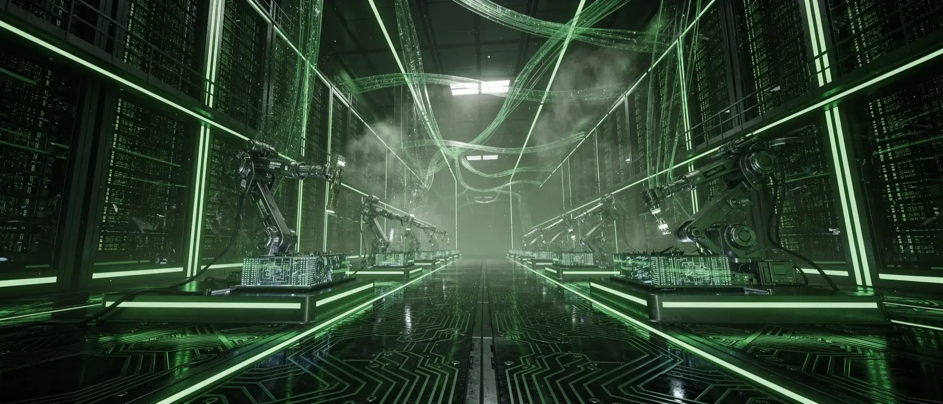 Ein futuristischer Cyberpunk-Industriehub unter der Erde mit gigantischen Server-Racks, leuchtenden neon-grünen Schaltkreisen und dunklen Schatten.