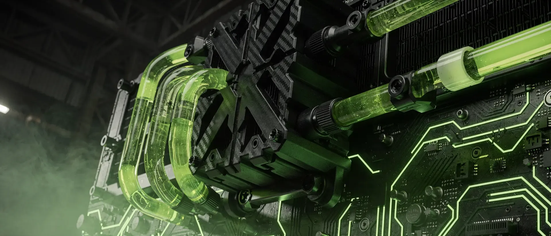 Extremer Nahaufnahmegrafik eines futuristischen, brutalistischen CPU-Kühlers aus schwarzem Carbon mit leuchtend neongrünen Flüssigkeitsleitungen im Cyberpunk-Stil.