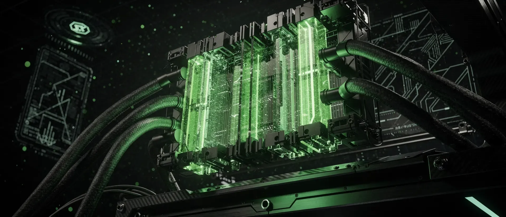 Hyperrealistische Cyberpunk-Komposition einer futuristischen Wasserkühlung mit pulsierendem, neongrünem Licht auf schwarzem Aluminium und Carbon.