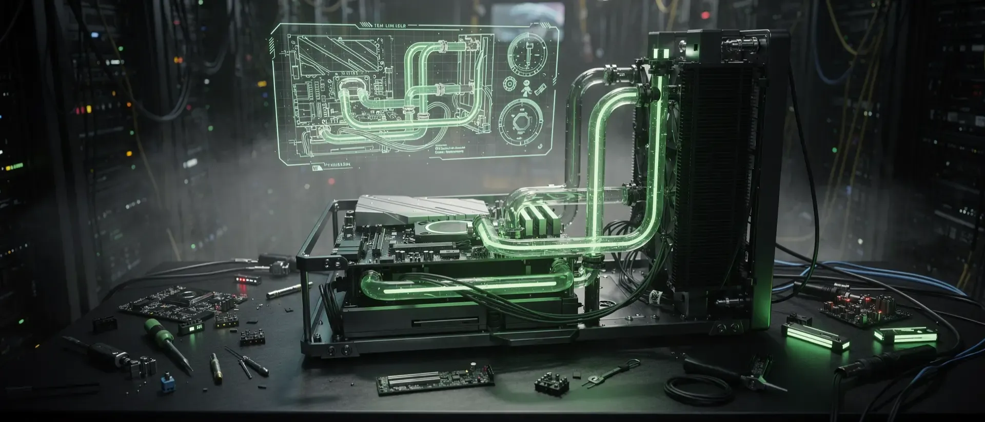 Futuristische Cyberpunk-Werkstatt mit einem zerlegten PC, neon-grüner Flüssigkeitskühlung und schwebenden holografischen Blaupausen in dunkler Atmosphäre.